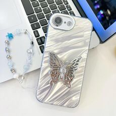 Per iPhone 16e placcatura pellicola lente glitterata texture farfalla supporto cinturino custodia per telefono (increspature acqua bianca)