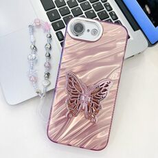 Per iPhone 16e placcatura pellicola lente glitterata texture farfalla supporto cinturino custodia per telefono (increspature acqua rosa)
