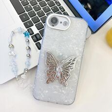 Per iPhone 16e placcatura pellicola lente glitterata texture farfalla supporto cinturino custodia per telefono (modello conchiglia bianca)