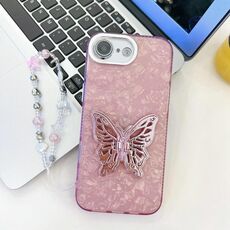 Per iPhone 16e placcatura pellicola lente glitterata texture farfalla supporto cinturino custodia per telefono (modello conchiglia rosa)