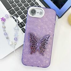 Per iPhone 16e placcatura pellicola lente glitter texture farfalla supporto cinturino custodia per telefono (modello conchiglia viola)