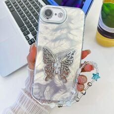Per iPhone 16e placcatura glitter lente pellicola texture farfalla supporto braccialetto custodia per telefono (piume bianche)