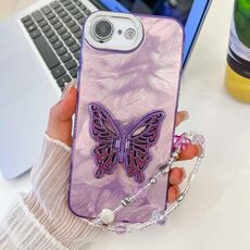 Per iPhone 16e placcatura pellicola lente glitter texture farfalla supporto braccialetto custodia per telefono (piume viola)