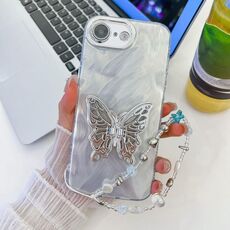 Per iPhone 16e placcatura glitter lente pellicola texture farfalla supporto braccialetto custodia per telefono (filato di piume bianche)