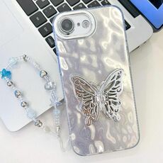Per iPhone 16e placcatura pellicola lente glitterata texture farfalla supporto cinturino custodia per telefono (rughe bianche)