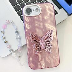 Per iPhone 16e placcatura glitter lente pellicola texture farfalla supporto braccialetto custodia per telefono (grinze rosa)