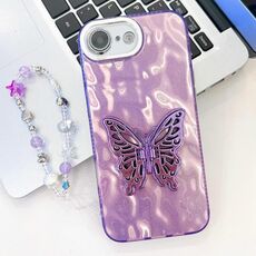 Per iPhone 16e placcatura pellicola lente glitter texture farfalla supporto cinturino custodia per telefono (rughe viola)