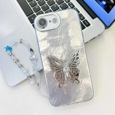 Per iPhone 16e placcatura glitter lente pellicola texture farfalla supporto braccialetto custodia per telefono (texture stagnola bianca)