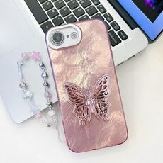 Per iPhone 16e placcatura pellicola lente glitterata texture farfalla supporto cinturino custodia per telefono (texture stagnola rosa)