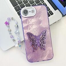 Per iPhone 16e placcatura pellicola lente glitter texture farfalla supporto cinturino custodia per telefono (texture stagnola viola)