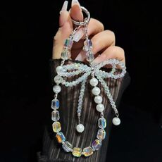 Catena per telefono con fiocco di cristallo di diamante e perla di cristallo (bianco)