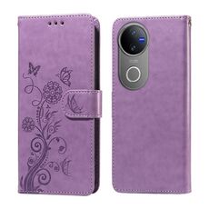 Per vivo V50 Custodia in pelle con fiori di farfalla in rilievo (viola)