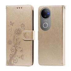 Per vivo V50 Custodia in pelle con motivo a farfalla e fiori in rilievo (oro)