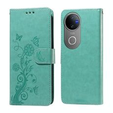 Per vivo V50 Custodia in pelle con motivo a farfalla e fiori in rilievo (verde)