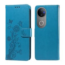 Per vivo V50 Custodia in pelle con motivo a farfalla e fiori in rilievo (blu)