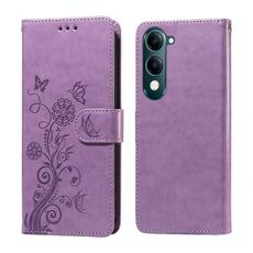 Per vivo Y29s 5G / Y04 4G Custodia in pelle con fiori di farfalla in rilievo (viola)