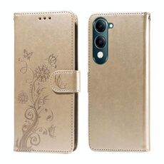 Per vivo Y29s 5G / Y04 4G Custodia in pelle con fiori di farfalla in rilievo (oro)