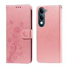 Per vivo Y29s 5G / Y04 4G Custodia in pelle con fiori di farfalla in rilievo (oro rosa)