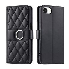 Per iPhone 16e Custodia per telefono in pelle con fibbia ad anello rombica (nero)