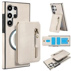 Per Samsung Galaxy S24 Ultra 5G Custodia per telefono con cerniera e supporto posteriore in pelle MagSafe (bianca)