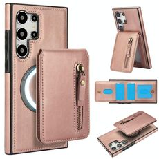 Per Samsung Galaxy S24 Ultra 5G Custodia per telefono con cerniera e supporto posteriore in pelle MagSafe (oro rosa)