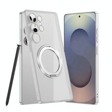 Per Samsung Galaxy S25 Ultra 5G Custodia per telefono con supporto rotante magnetico effetto pelle smerigliata, penna non inclusa (argento)