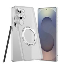 Per Samsung Galaxy S24 Ultra 5G Custodia per telefono con supporto rotante magnetico effetto pelle smerigliata, penna non inclusa (argento)