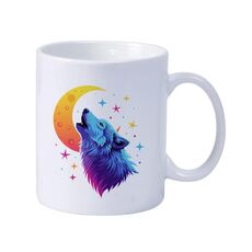 Tazza da latte in ceramica bianca semplice stampata con lupo lunare e stampa su richiesta