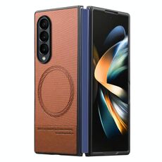 Per Samsung Galaxy Z Fold4 Twill Tessuto Pelle Pelle Custodia Posteriore Magnetica per Telefono (Marrone)