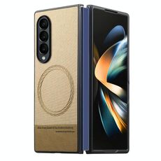Per Samsung Galaxy Z Fold4 Twill Tessuto Pelle Pelle Custodia Posteriore Magnetica per Telefono (Cachi)