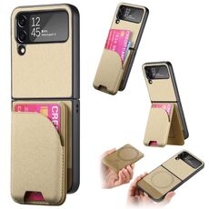 Per Samsung Galaxy Z Flip4 Twill Tessuto Pelle Pelle Carta Borsa Posteriore Magnetica Custodia per Telefono (Cachi)