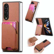 Per Samsung Galaxy Z Fold4 Twill Tessuto Pelle Pelle Carta Borsa Magnetica Posteriore Custodia per Telefono (Marrone)