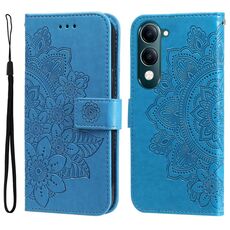 Per vivo Y29s 5G / Y04 4G Custodia in pelle con stampa a fiori a sette petali (blu)