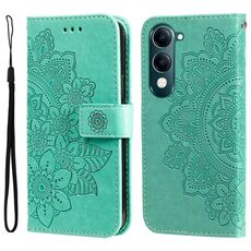 Per vivo Y29s 5G / Y04 4G Custodia in pelle con stampa a fiori a sette petali (verde)
