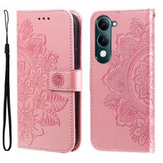 Per vivo Y29s 5G / Y04 4G Custodia in pelle con stampa a fiori a sette petali (oro rosa)