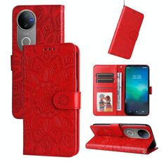 Per vivo V50 Custodia per telefono in pelle con motivo girasole in rilievo (rosso)