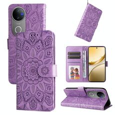 Per vivo V50 Custodia per telefono in pelle con motivo girasole in rilievo (viola)