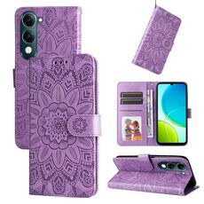 Per vivo Y29s 5G / Y04 4G Custodia per telefono in pelle con motivo girasole in rilievo (viola)