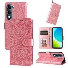 Per vivo Y29s 5G / Y04 4G Custodia per telefono in pelle con motivo girasole in rilievo (oro rosa)
