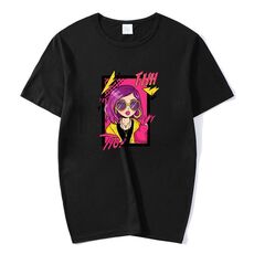 Maglietta a maniche corte con scollo rotondo e stampa con ragazza dai capelli viola, stampa su richiesta, taglia: XXXXXL (nero)
