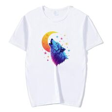 Maglietta a maniche corte con scollo rotondo e stampa Moon Wolf in modal, stampa su richiesta, taglia: M (bianco)