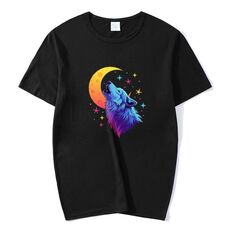 Maglietta a maniche corte in modal con scollo rotondo e stampa Moon Wolf, stampa su richiesta, taglia: M (nero)