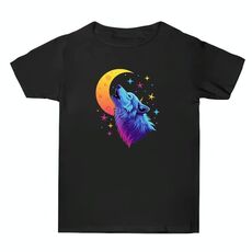 Maglietta a maniche corte in cotone estivo con stampa Moon Wolf, stampa su richiesta, taglia: S (nero)