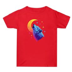 Maglietta a maniche corte in cotone estivo con stampa Moon Wolf, stampa su richiesta, taglia: M (rosso)