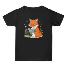T-shirt a maniche corte in cotone estivo con stampa "Reading Fox" Stampa su richiesta, taglia: S (nero)