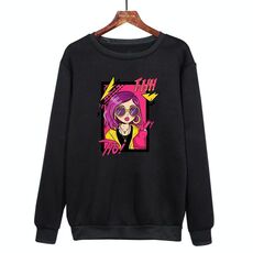 Felpa con scollo rotondo casual e larga stampata con ragazza dai capelli viola, stampa su richiesta, taglia: XS (nero)