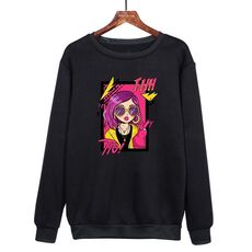 Felpa con scollo rotondo casual e ampia stampata con ragazza dai capelli viola, stampa su richiesta, taglia: S (nero)