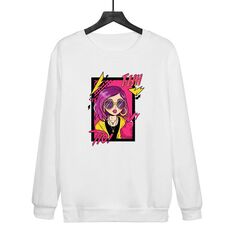 Felpa girocollo casual larga stampata con ragazza con capelli viola, stampa su richiesta, taglia: M (bianco)