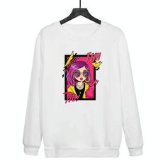 Felpa girocollo casual ampia con stampa di ragazza con capelli viola, stampa su richiesta, taglia: L (bianco)