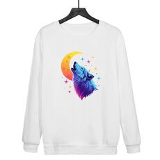 Felpa girocollo casual larga stampata con lupo luna, stampa su richiesta, taglia: XS (bianco)